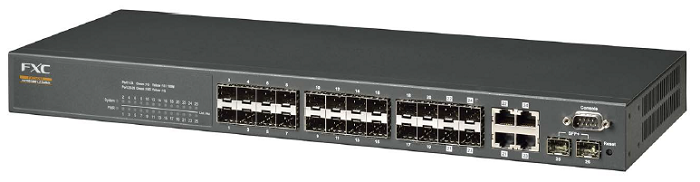 L2+管理機能付スタッカブルスイッチ「FXC5426F」。SFP ポート×20 ポート、SFP/RJ45 コンボポート×4 ポート、SFP+(1G/10G)ポート×2 ポートずつ装備。